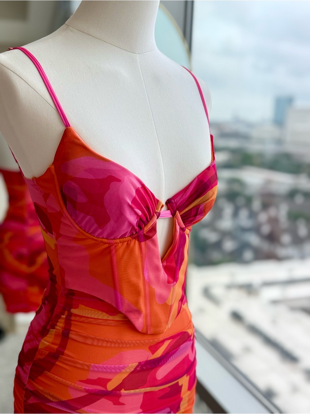 Oh Polly Ruched Corset Mini Dress Orange Pink Abstract Print